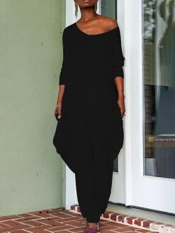 Women's Jumpsuit Backless Solid Color V Neck Streetwear Street Going Out Casual Regular Fit 3/4 Length Sleeve Black White S M L Summer -Cheap Plus Fit Dress Store pbecrq1684490362518