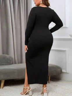 Women's Plus Size Curve Party Dress Winter Dress Black Dress Plain Midi Dress Long Sleeve Split V Neck Fashion Party Black Fall Winter XL XXL 3XL -Cheap Plus Fit Dress Store pbixap1694576129626