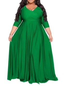 Women‘s Plus Size Curve Party Dress Pure Color V Neck 3/4 Length Sleeve Fall Spring Elegant Maxi Long Dress Party Evening Party Dress -Cheap Plus Fit Dress Store pbuofs1672020375116