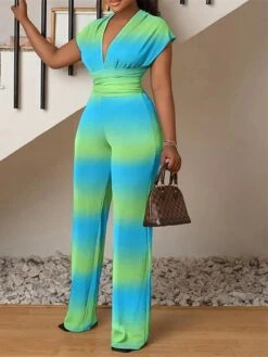 Women's Jumpsuit High Waist Print Solid Color V Neck Streetwear Wedding Party Regular Fit Short Sleeve Black Blue Purple S M L Summer