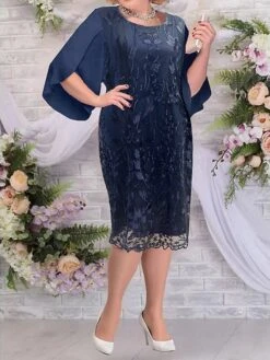 Women's Plus Size Curve Party Dress Semi Formal Dress Floral Midi Dress Half Sleeve Lace Embroidered Crew Neck Elegant Party Deep Blue Fall Winter L XL XXL 3XL 4XL -Cheap Plus Fit Dress Store pbyhhd1694687257075