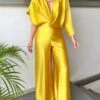 Women‘s Jumpsuit High Waist Maillard Solid Color V Neck Wedding Elegant Party Cocktail Party Regular Fit Short Sleeve White Yellow Pink S M L Summer