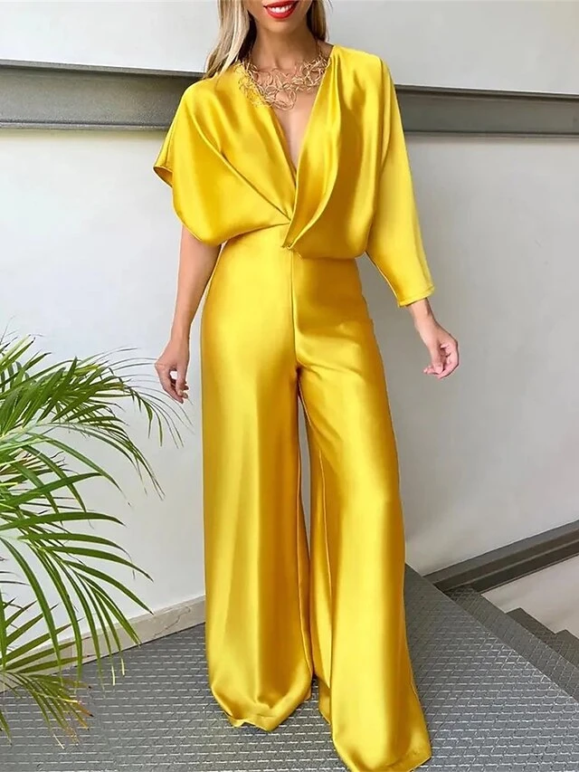Women‘s Jumpsuit High Waist Maillard Solid Color V Neck Wedding Elegant Party Cocktail Party Regular Fit Short Sleeve White Yellow Pink S M L Summer 1 Women‘s Jumpsuit High Waist Maillard Solid Color V Neck Wedding Elegant Party Cocktail Party Regular Fit Short Sleeve White Yellow Pink S M L Summer
