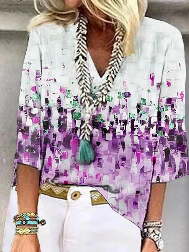 Women's Shirt Blouse Red Blue Purple Tie Dye Print 3/4 Length Sleeve Casual Daily Basic V Neck Regular Fit Fall & Winter 3 Women's Shirt Blouse Red Blue Purple Tie Dye Print 3/4 Length Sleeve Casual Daily Basic V Neck Regular Fit Fall & Winter - Image 3