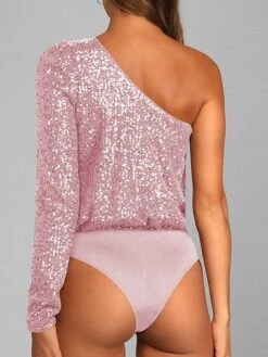 Women's Bodysuit Sequin Solid Color One Shoulder Streetwear Party Street Slim Long Sleeve Black White Pink S M L Fall -Cheap Plus Fit Dress Store pctyfs1697184641109