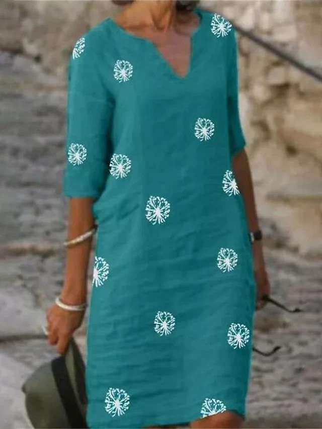 Women's Casual Dress Cotton Linen Dress Shift Dress Midi Dress Polyester Fashion Modern Outdoor Daily Vacation V Neck Print 3/4 Length Sleeve Summer Spring 2023 Loose Fit Yellow Red Green Flower S M 4 Women's Casual Dress Cotton Linen Dress Shift Dress Midi Dress Polyester Fashion Modern Outdoor Daily Vacation V Neck Print 3/4 Length Sleeve Summer Spring 2023 Loose Fit Yellow Red Green Flower S M - Image 4