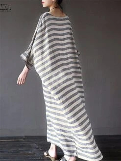 Women's Cotton Linen Dress Casual Dress Maxi Long Dress Linen Cotton Blend Casual Outdoor Daily Crew Neck Print Long Sleeve Summer Spring Fall 2023 Loose Fit Black Gray Striped S M L XL 2XL -Cheap Plus Fit Dress Store pdqbnz1672828236647