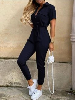 Women's Jumpsuits Casual Summer Button Solid Color Shirt Collar Streetwear Daily Vacation Regular Fit Short Sleeve Pink Wine Navy Blue S M L 10 Women's Jumpsuits Casual Summer Button Solid Color Shirt Collar Streetwear Daily Vacation Regular Fit Short Sleeve Pink Wine Navy Blue S M L -Cheap Plus Fit Dress Store pdutia1678258442190