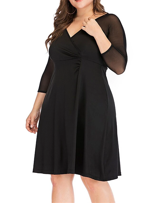 Women‘s Plus Size Curve Work Dress Black Dress Semi Formal Dress Fashion Midi Dress Mesh V Neck 3/4 Length Sleeve Plain Loose Fit Black Spring Fall XL XXL 3XL 4XL 5XL 2 Women‘s Plus Size Curve Work Dress Black Dress Semi Formal Dress Fashion Midi Dress Mesh V Neck 3/4 Length Sleeve Plain Loose Fit Black Spring Fall XL XXL 3XL 4XL 5XL - Image 2