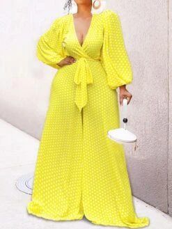 Women's Jumpsuit Lace Up Print Polka Dot V Neck Holiday Daily Vacation Wide Leg Regular Fit Long Sleeve Lantern Sleeve Yellow Red Green S M L Fall -Cheap Plus Fit Dress Store pedztb1693983803418