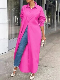 Women's Shirt Dress Casual Dress Midi Dress Outdoor Daily Vacation Polyester Fashion Modern Shirt Collar Split Long Sleeve Fall Winter 2023 Loose Fit Black White Yellow Plain S M L XL XXL -Cheap Plus Fit Dress Store pekxkq1692342891989