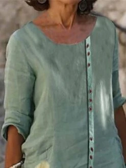 Women's Cotton Linen Dress Casual Dress Shift Dress Midi Dress Cotton Blend Fashion Casual Outdoor Daily Crew Neck Button Print Half Sleeve Summer Spring Fall 2023 Regular Fit Green Floral S M L XL -Cheap Plus Fit Dress Store perrnm1681380595640