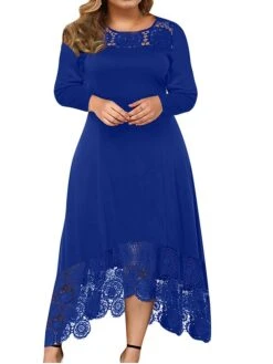 Women‘s Plus Size Curve Party Dress Lace Dress Cocktail Dress Midi Dress Black Wine Blue Long Sleeve Pure Color Lace Summer Spring Fall Crew Neck Fashion Winter Dress Birthday Wedding Guest 2023 -Cheap Plus Fit Dress Store pesbyn1690875119264