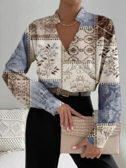 Women's Shirt Blouse Red Blue Brown Graphic Geometric Print Long Sleeve Casual Daily Basic V Neck Regular Fit Geometric Fall & Winter -Cheap Plus Fit Dress Store peudbe1690456662691