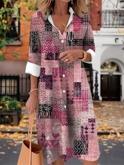 Women's Shirt Dress Casual Dress Midi Dress Outdoor Daily Date Polyester Fashion Modern Shirt Collar Button Pocket Long Sleeve Fall Winter 2023 Loose Fit Yellow Pink Blue Geometric Color Block Tribal -Cheap Plus Fit Dress Store peyiin1697510549783