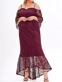 Women's Plus Size Prom Dress Party Dress Lace Dress Long Dress Maxi Dress Black Pink Wine Long Sleeve Pure Color Lace Spring Fall Winter Cold Shoulder Fashion Wedding Guest Birthday Evening Party 2023 -Cheap Plus Fit Dress Store pfantu1693535477849