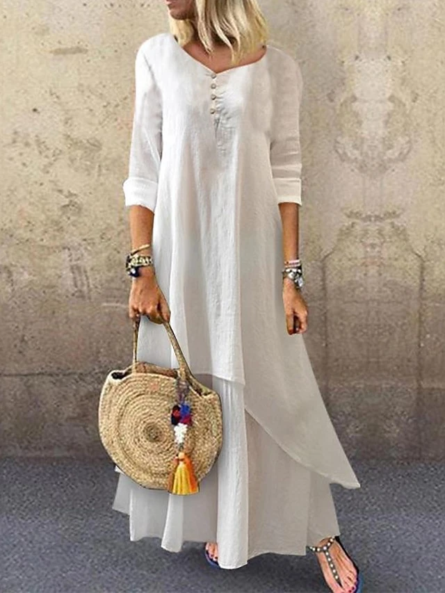Women's Cotton Linen Dress Casual Dress Swing Dress Maxi Long Dress Cotton Blend Basic Casual Outdoor Daily V Neck Ruched Layered Half Sleeve Summer Spring Fall 2023 Loose Fit White Plain S M L XL 2XL 1 Women's Cotton Linen Dress Casual Dress Swing Dress Maxi Long Dress Cotton Blend Basic Casual Outdoor Daily V Neck Ruched Layered Half Sleeve Summer Spring Fall 2023 Loose Fit White Plain S M L XL 2XL