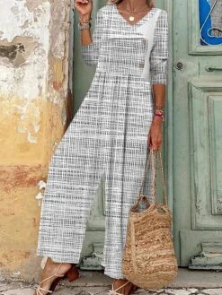 Women's Jumpsuit Print Striped V Neck Boho Vacation Wide Leg Regular Fit Long Sleeve Light Grey Gray S M L All Seasons -Cheap Plus Fit Dress Store pfdkxq1694518382873