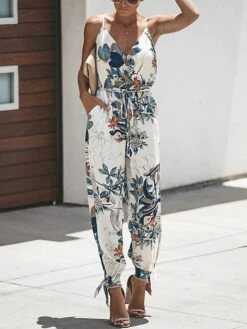 Women's Jumpsuit Drawstring Floral V Neck Casual Daily Holiday Harem Regular Fit Spaghetti Strap White Wine Army Green S M L Summer