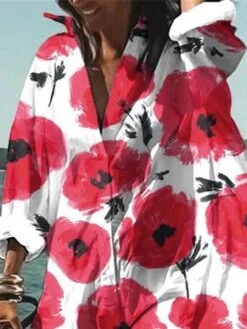 Women's Shirt Dress Casual Dress Swing Dress Mini Dress Outdoor Daily Vacation Polyester Fashion Casual Shirt Collar Button Print Long Sleeve Summer Spring Fall 2023 Loose Fit Red Floral S M L XL 2XL -Cheap Plus Fit Dress Store pfveuy1677839829477
