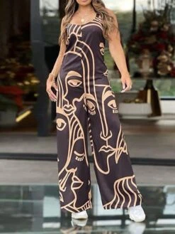 Women's Jumpsuit Print Abstract Crew Neck Streetwear Daily Vacation Wide Leg Loose Fit Sleeveless Black White Camel S M L Summer -Cheap Plus Fit Dress Store pfzrbm1677496030866