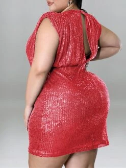 Women‘s Plus Size Curve Party Dress Solid Color V Neck Sequins Short Sleeve Spring Summer Sequins Prom Dress Short Mini Dress Party Back To School Dress Sequin Dress Homecoming Dress -Cheap Plus Fit Dress Store pgcdtf1652866160756