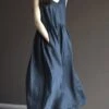 Women's Casual Dress Cotton Linen Dress Swing Dress Maxi Long Dress Cotton Blend Basic Casual Outdoor Vacation V Neck Pocket Sleeveless Summer Spring 2023 Regular Fit Navy Blue Apricot Pure Color M L