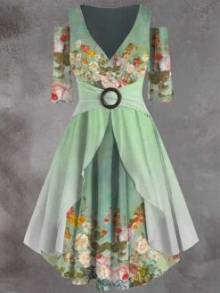 Women‘s Plus Size Curve Casual Dress A Line Dress Vintage Dress Floral Long Dress Maxi Dress Summer Dress Spring Half Sleeve Ruffle Print V Neck Elegant Outdoor Green Fashion 2023 -Cheap Plus Fit Dress Store pgkhex1681974599659