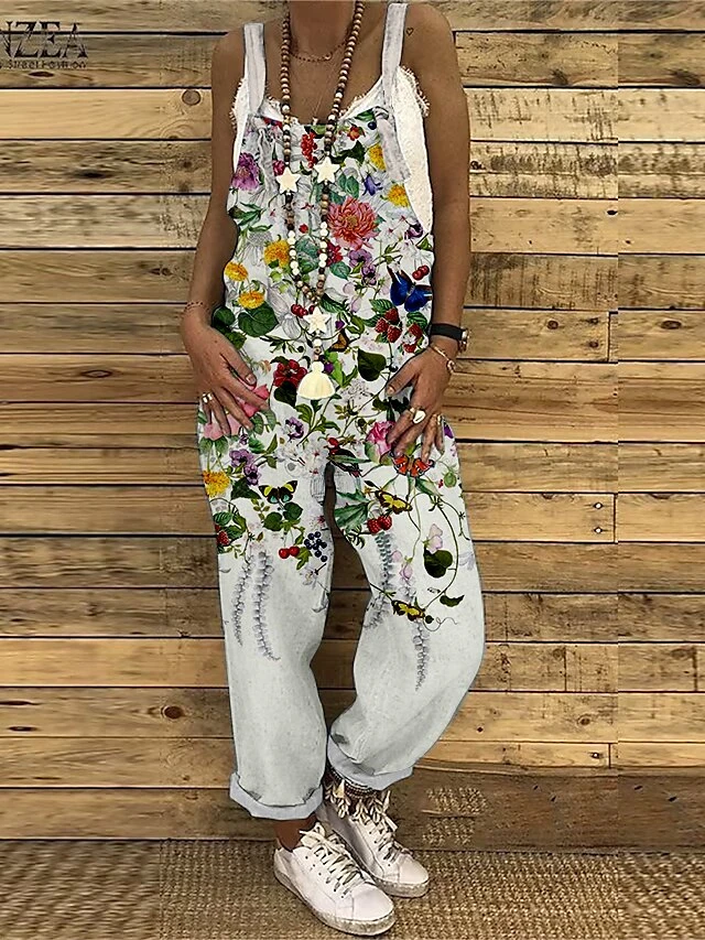 Women's Overall Floral Crew Neck Streetwear Home Dailywear Bootcut Loose Fit Spaghetti Strap Tank White Red Blue S M L Summer 5 Women's Overall Floral Crew Neck Streetwear Home Dailywear Bootcut Loose Fit Spaghetti Strap Tank White Red Blue S M L Summer - Image 5