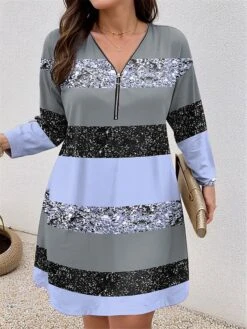 Women's Plus Size Curve Casual Dress Winter Dress Stripe Mini Dress Long Sleeve Print V Neck Fashion Outdoor Pink Blue Fall Winter L XL 2XL 3XL 4XL -Cheap Plus Fit Dress Store pgtudt1697799859819