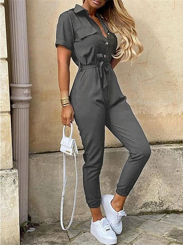 Women's Jumpsuits Casual Summer Button Solid Color Shirt Collar Streetwear Daily Vacation Regular Fit Short Sleeve Pink Wine Navy Blue S M L 3 Women's Jumpsuits Casual Summer Button Solid Color Shirt Collar Streetwear Daily Vacation Regular Fit Short Sleeve Pink Wine Navy Blue S M L - Image 3