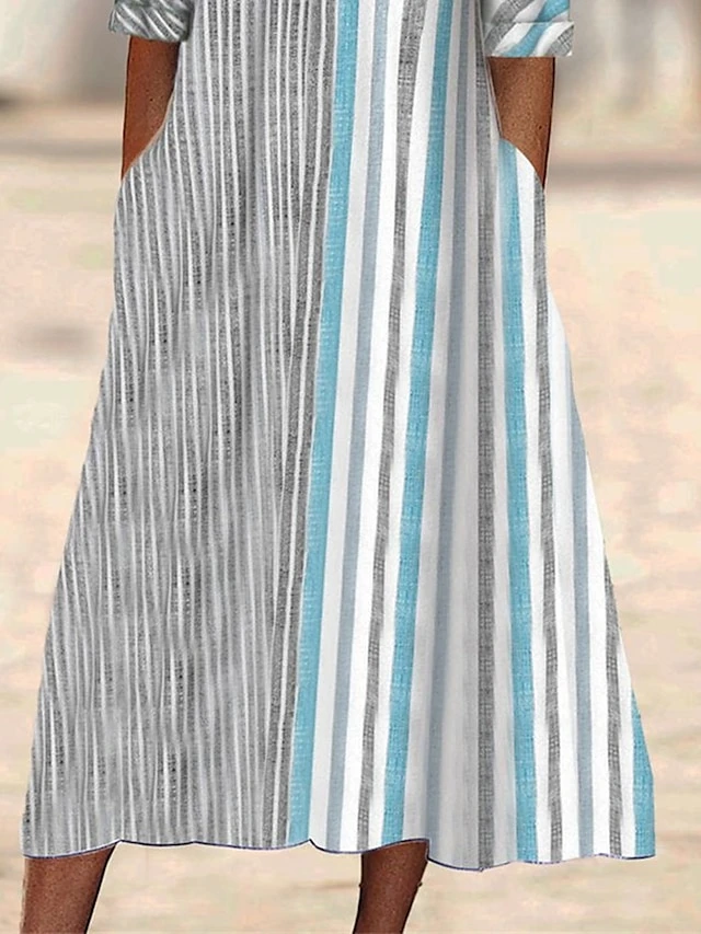 Women's Casual Dress Cotton Linen Dress Midi Dress Linen / Cotton Blend Fashion Modern Outdoor Daily Vacation Split Neck Button Pocket 3/4 Length Sleeve Summer Spring Fall 2023 Regular Fit Gray 3 Women's Casual Dress Cotton Linen Dress Midi Dress Linen / Cotton Blend Fashion Modern Outdoor Daily Vacation Split Neck Button Pocket 3/4 Length Sleeve Summer Spring Fall 2023 Regular Fit Gray - Image 3