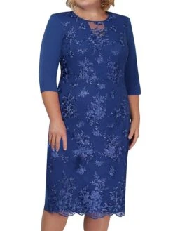 Women‘s Plus Size Curve Apple Shaped Dress Wedding Guest Lace Dress Work Dress Sheath Dress Floral Midi Dress Sleeve Lace Crew Neck Elegant Office Red Sky Blue Spring Summer Dress -Cheap Plus Fit Dress Store phjmnf1673503406681