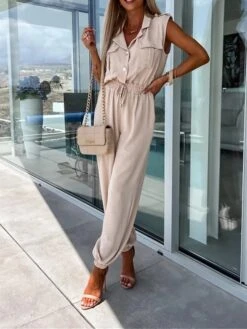 Women's Jumpsuit Button Pocket Solid Color Shirt Collar Streetwear Street Daily Regular Fit Short Sleeve Black White Green S M L Summer -Cheap Plus Fit Dress Store phupmg1688455472586