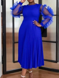 Women's Plus Size Curve Party Dress Formal Dress A Line Dress Plain Midi Dress Long Sleeve Pleated Ruffle Crew Neck Fashion Party Blue Fall Winter XL XXL 3XL 4XL
