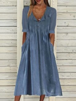 Women's Casual Dress Cotton Linen Dress Swing Dress Midi Dress Cotton Blend Fashion Basic Outdoor Daily Vacation Split Neck Button Pocket Short Sleeve Summer Spring 2023 Regular Fit Blue Plain S M L
