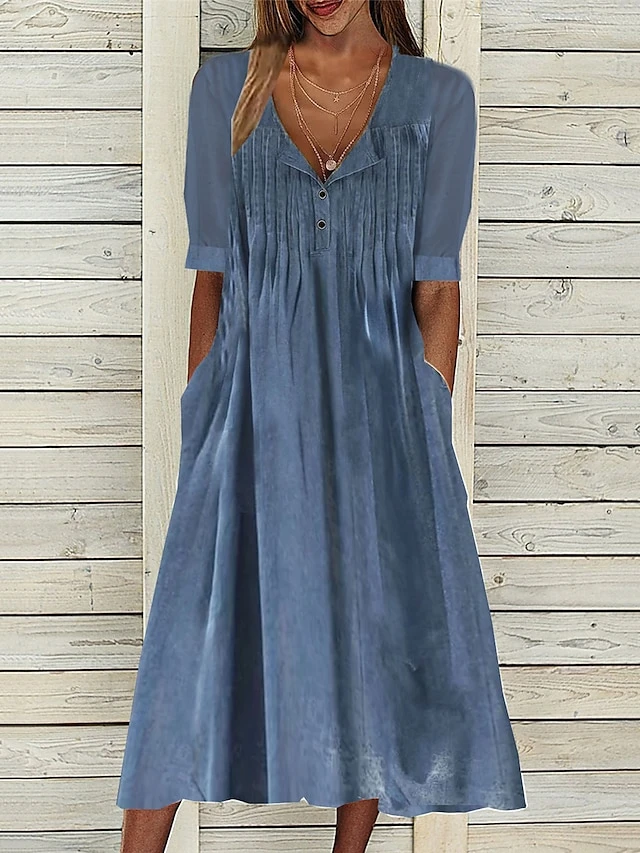 Women's Casual Dress Cotton Linen Dress Swing Dress Midi Dress Cotton Blend Fashion Basic Outdoor Daily Vacation Split Neck Button Pocket Short Sleeve Summer Spring 2023 Regular Fit Blue Plain S M L 1 Women's Casual Dress Cotton Linen Dress Swing Dress Midi Dress Cotton Blend Fashion Basic Outdoor Daily Vacation Split Neck Button Pocket Short Sleeve Summer Spring 2023 Regular Fit Blue Plain S M L