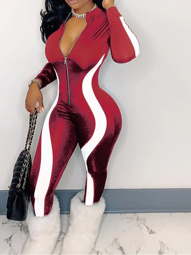 Women's Catsuit Zipper Striped Stand Collar Active Sport Daily Regular Fit Short Sleeve Blue Red Black S M L Spring 1 Women's Catsuit Zipper Striped Stand Collar Active Sport Daily Regular Fit Short Sleeve Blue Red Black S M L Spring