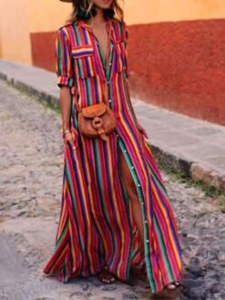 Women's Shirt Dress Casual Dress Swing Dress Maxi Long Dress Outdoor Daily Vacation Polyester Basic Casual Shirt Collar Pocket Split Half Sleeve Summer Spring 2023 Loose Fit Red Blue Purple Striped S -Cheap Plus Fit Dress Store pipofo1673848921556
