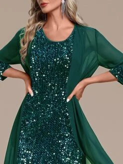Women's Two Piece Dress Set Party Dress Sequin Dress Party Wedding Guest Fashion Elegant Patchwork Sequin Midi Dress Crew Neck Long Sleeve Plain Regular Fit Green Fall Winter S M L XL XXL -Cheap Plus Fit Dress Store piqawz1695370016596