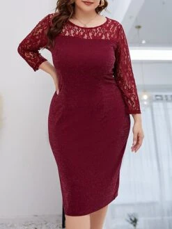 Women‘s Plus Size Curve Party Dress Lace Dress Cocktail Dress Midi Dress Wine Long Sleeve Pure Color Lace Spring Fall Winter Crew Neck Fashion Winter Dress Birthday Wedding Guest 2023 -Cheap Plus Fit Dress Store piroxm1691999686343