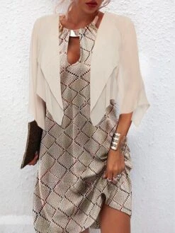 Women's Two Piece Dress Set Casual Dress Outdoor Daily Fashion Modern Hollow Out Mini Dress Halter Neck Half Sleeve Geometric Plain Regular Fit Khaki Summer Spring S M L XL XXL