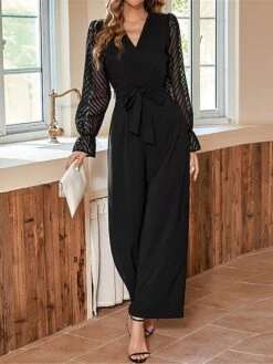 Women's Jumpsuit Mesh Patchwork Solid Color V Neck Business Wedding Office Regular Fit Long Sleeve Black S M L Spring