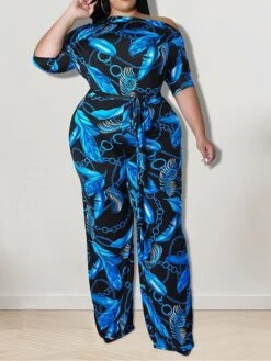 Women's Jumpsuit High Waist Print Crew Neck Streetwear Street Holiday Regular Fit Half Sleeve Yellow Blue XL XXL 3XL Spring -Cheap Plus Fit Dress Store pjrsfx1675741961636