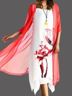 Women's Two Piece Dress Set Casual Dress Cotton Linen Dress Outdoor Daily Fashion Casual Fake Two Piece Print Midi Dress Crew Neck Short Sleeve Floral Painting Regular Fit Yellow Pink Red Summer -Cheap Plus Fit Dress Store pjthkq1680146907910