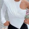 Women's Bodysuit Solid Color One Shoulder Streetwear Street Going Out Regular Fit Long Sleeve White S M L Fall
