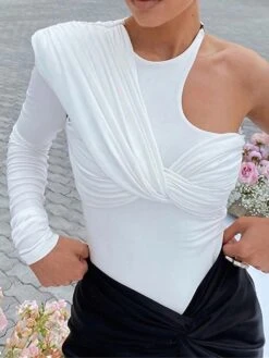 Women's Bodysuit Solid Color One Shoulder Streetwear Street Going Out Regular Fit Long Sleeve White S M L Fall