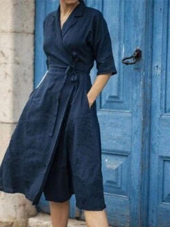 Women's Casual Dress Cotton Linen Dress Swing Dress Maxi Long Dress Cotton Blend Stylish Elegant Daily Holiday Vacation Shirt Collar Lace Up Pocket Half Sleeve Summer Spring 2022 Regular Fit Yellow