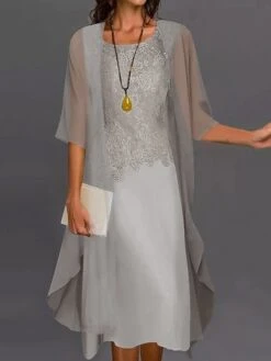 Women's Dress Set Two Piece Dress Shift Dress Midi Dress Light Blue Light Grey Half Sleeve Pure Color Lace Summer Spring Crew Neck Elegant Wedding Guest Loose Fit 2023 S M L XL XXL 3XL