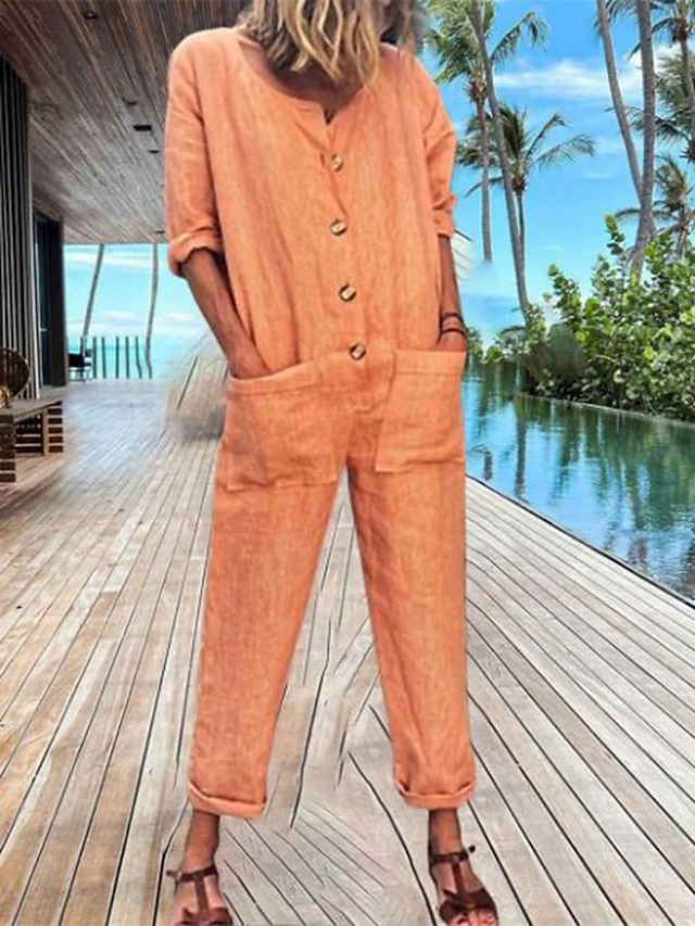 Women's Jumpsuits Casual Maillard Button Patch Pocket Solid Color V Neck Streetwear Street Daily Regular Fit Half Sleeve Yellow Red Royal Blue S M L 1 Women's Jumpsuits Casual Maillard Button Patch Pocket Solid Color V Neck Streetwear Street Daily Regular Fit Half Sleeve Yellow Red Royal Blue S M L